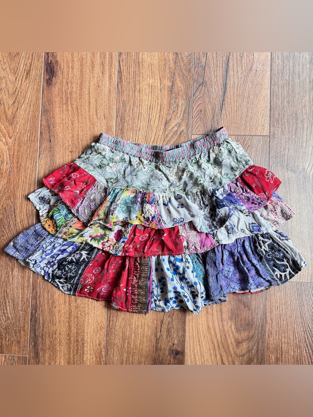 Young Threads Artisan Patchwork Ruffle Tiered Mini Skirt